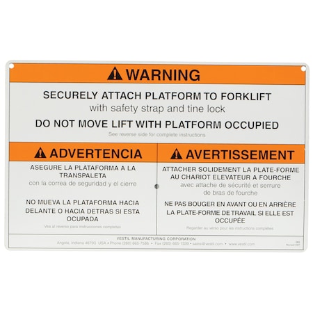 Vestil WORK PLATFORM WARNING SIGN W/ HARDWARE WP-WS